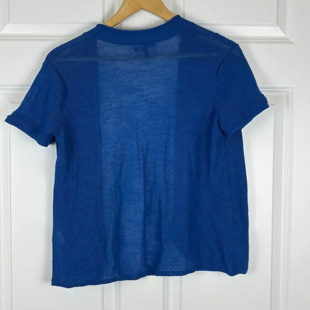 Eileen Fisher Wool Short Sleeve Cardigan Blue Quiet Luxury Office Women's Medium